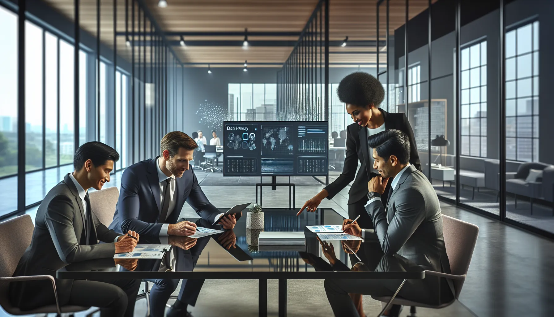 diverse team discussing data privacy in a modern office.