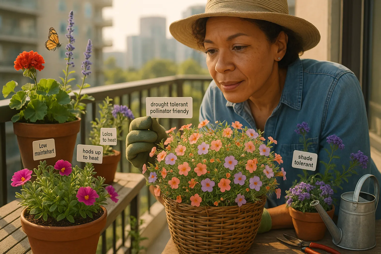 Gardener inspecting drought-tolerant flowering containers on a sunny balcony.