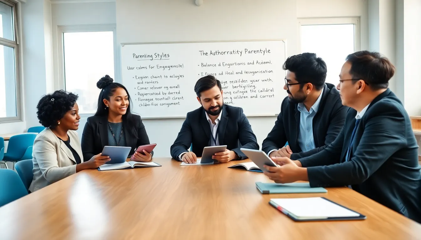 diverse parents discussing authoritative parenting in a modern classroom.