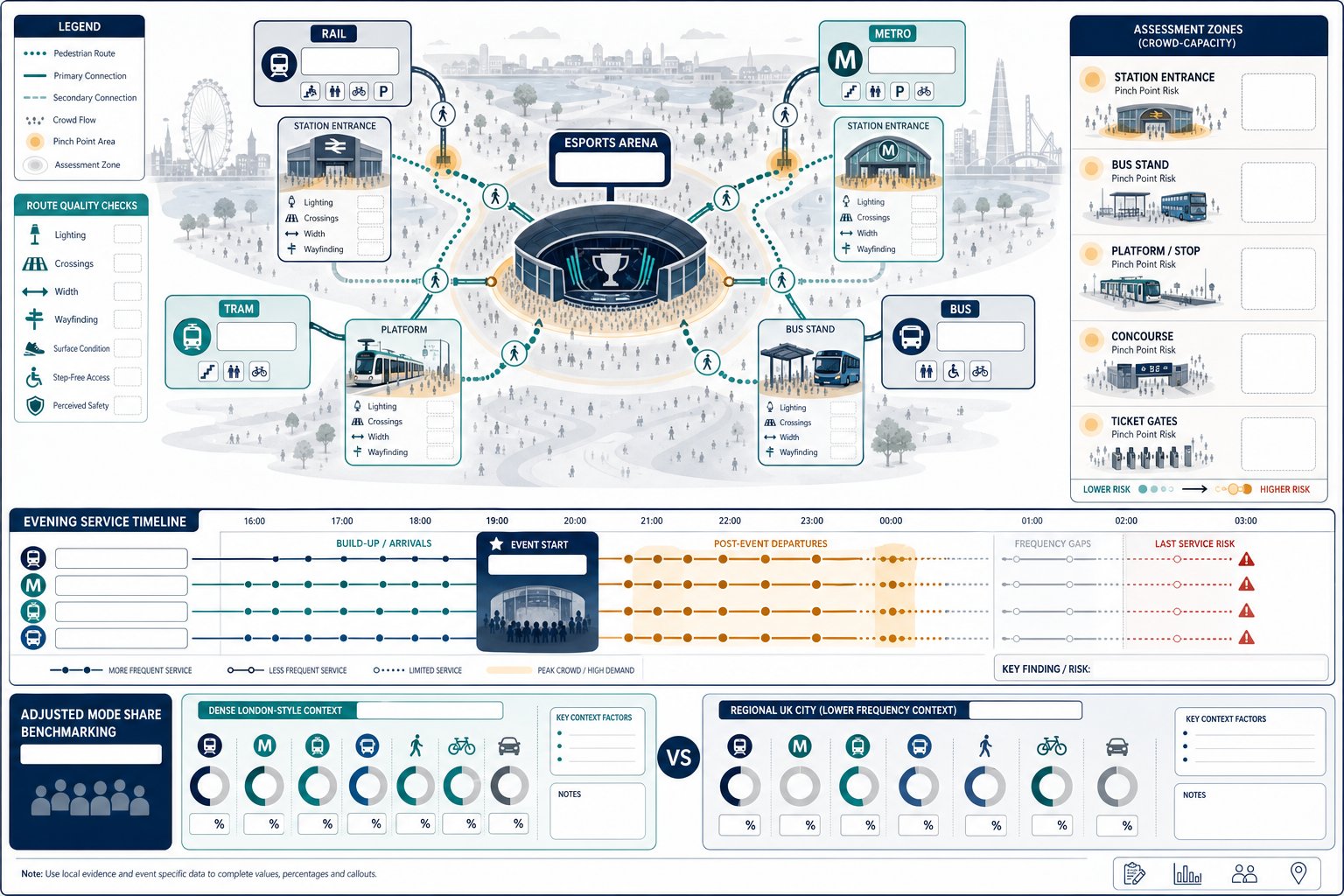 Infographic of UK esports arena public transport access, capacity, and late-evening mode share.