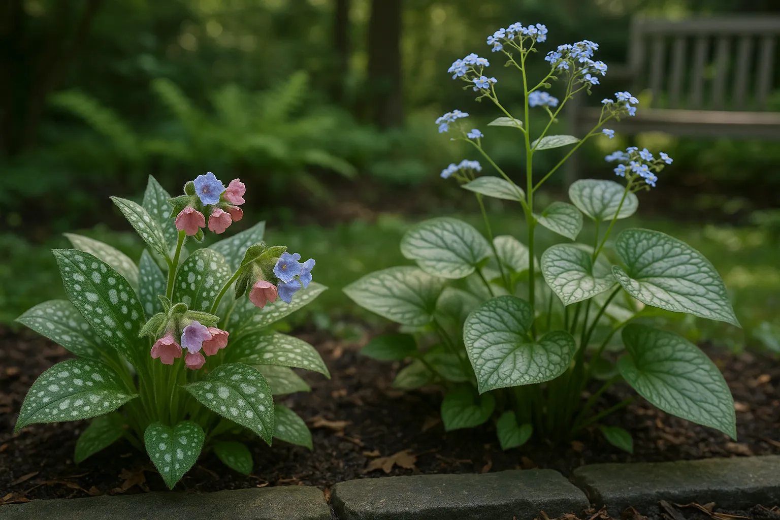 Side-by-side Pulmonaria with spotted leaves and Brunnera with heart-shaped silver-variegated foliage.