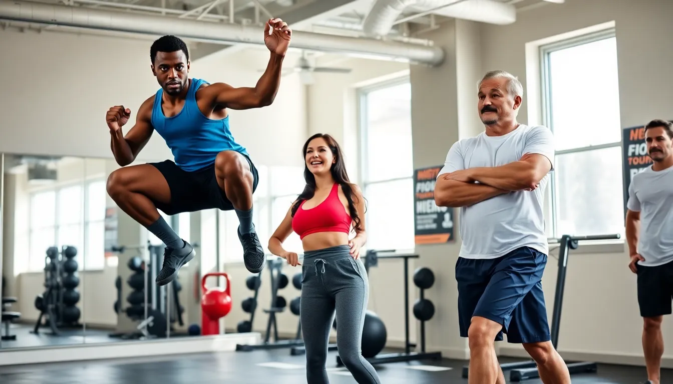 a diverse group working out in a modern gym focusing on functional training and HIIT.