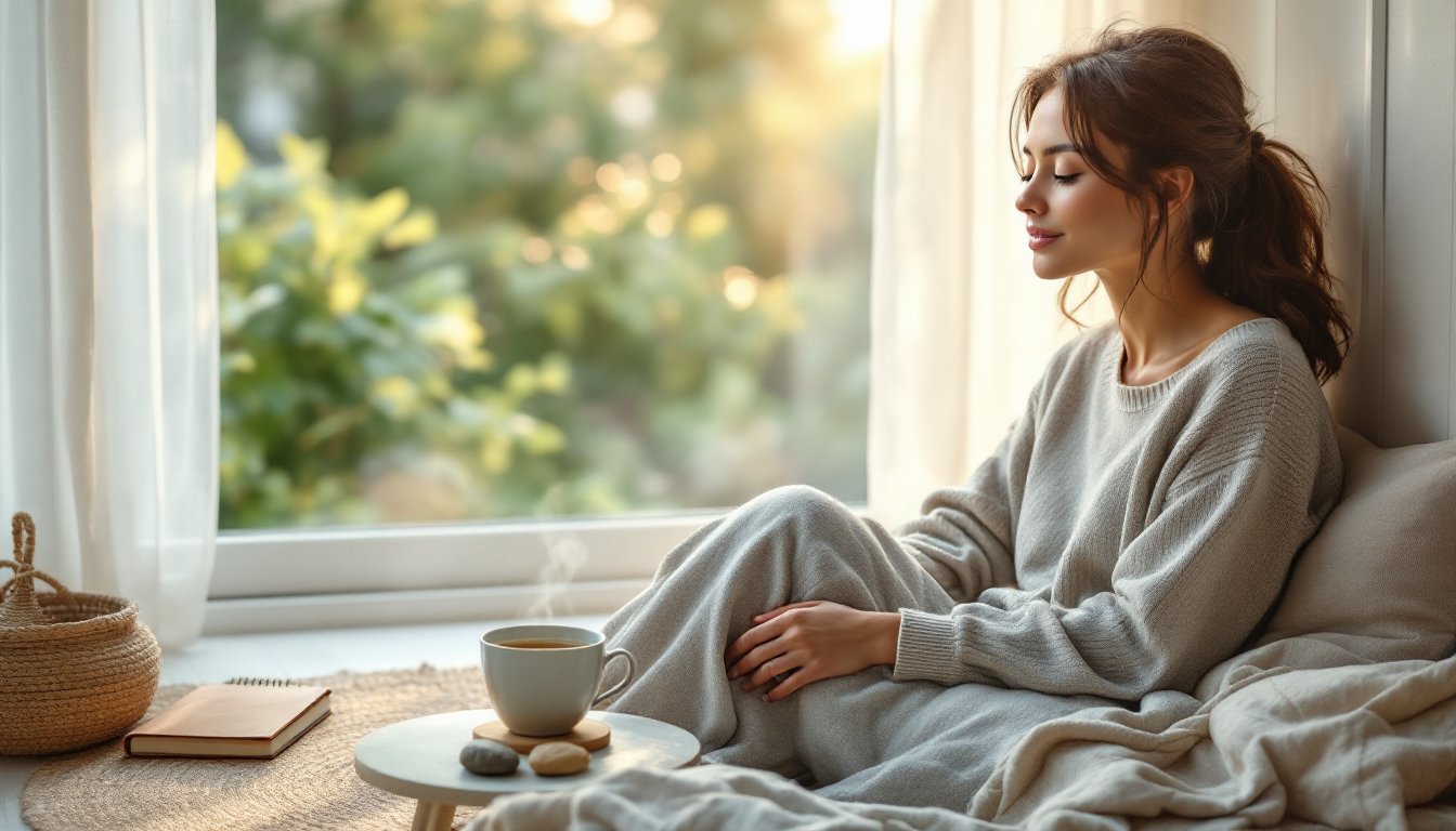 A calm woman sitting by a sunlit window beside a bowl of still water, quietly reflecting in the morning.
