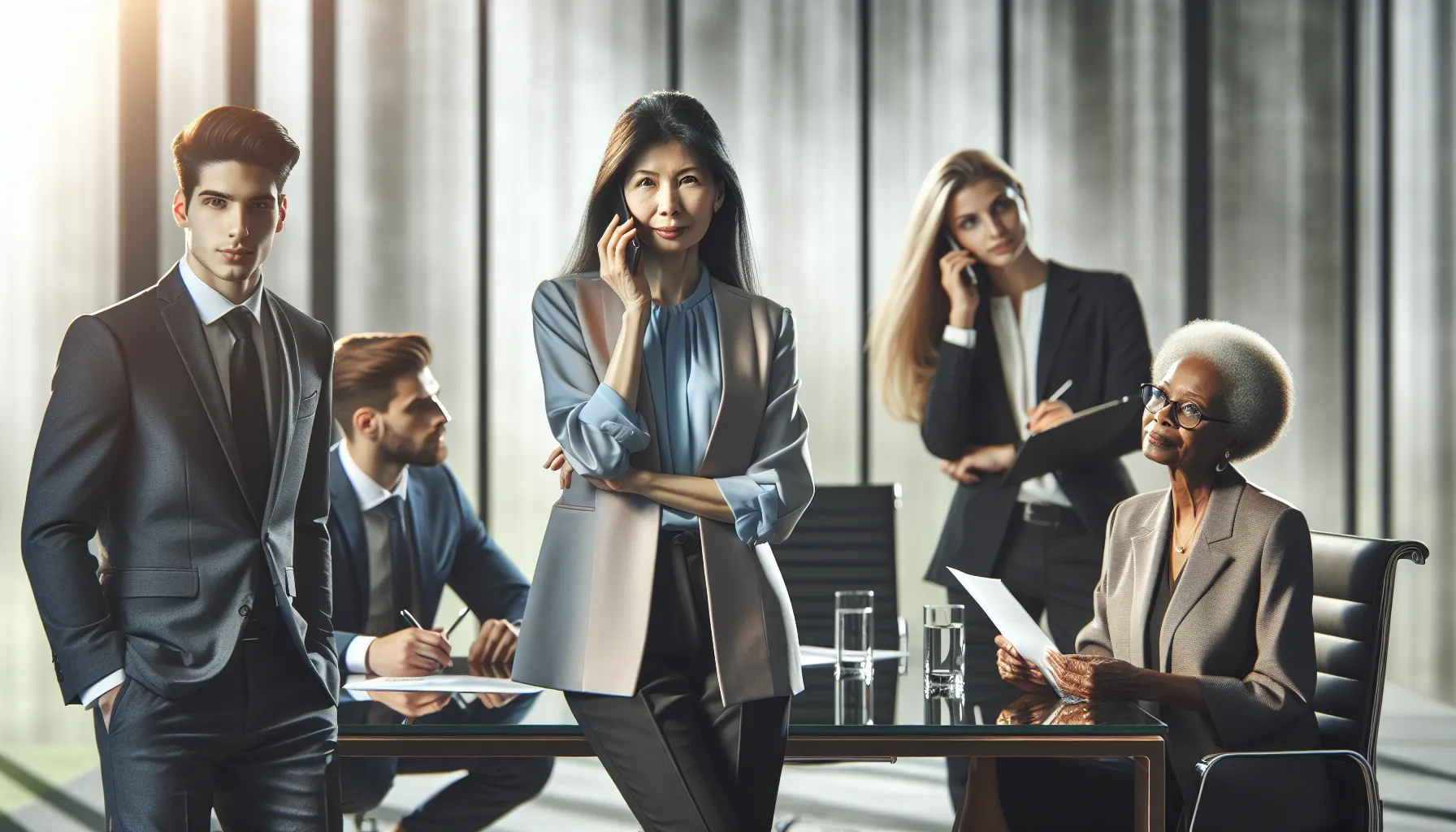 diverse group discussing phone call handling in a modern office.