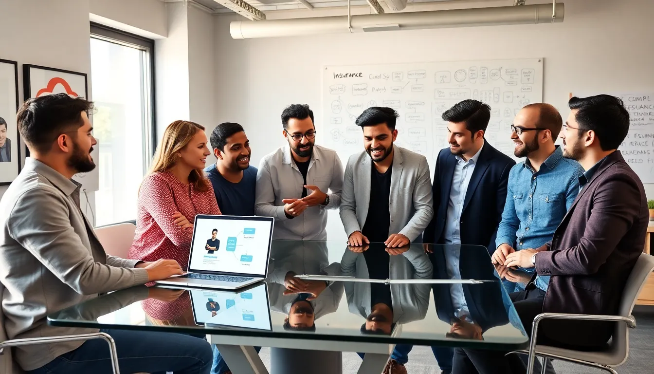 diverse tech startup founders discussing insurance strategies in a modern office.