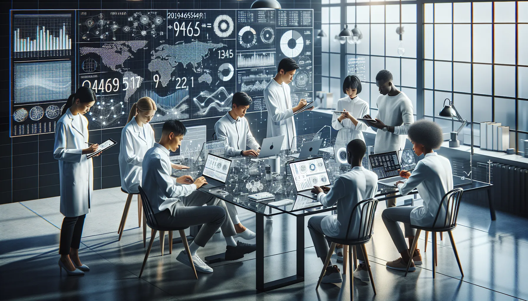 diverse researchers analyzing data in a modern lab.