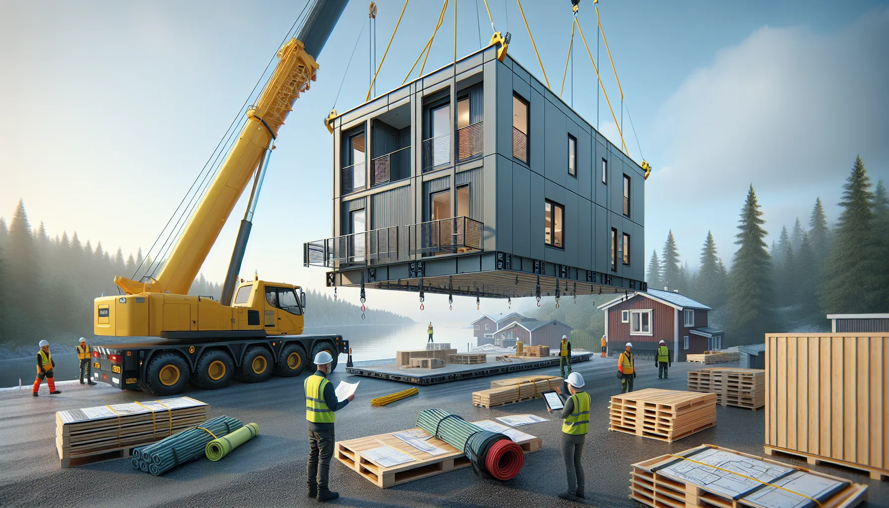 Crane lifts finished modular unit onto foundation at norwegian building site.