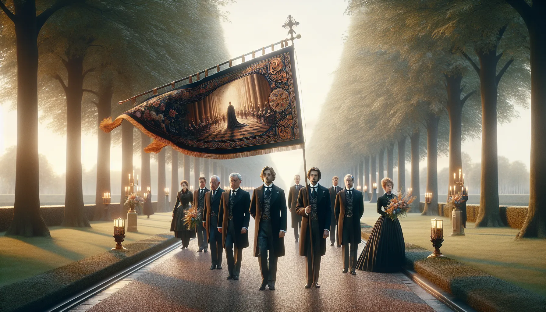 funeral procession with a prominently displayed uitvaartstoetvlag.