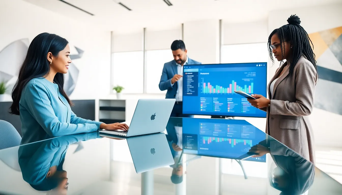 diverse team collaborating on API integration services in a modern office.