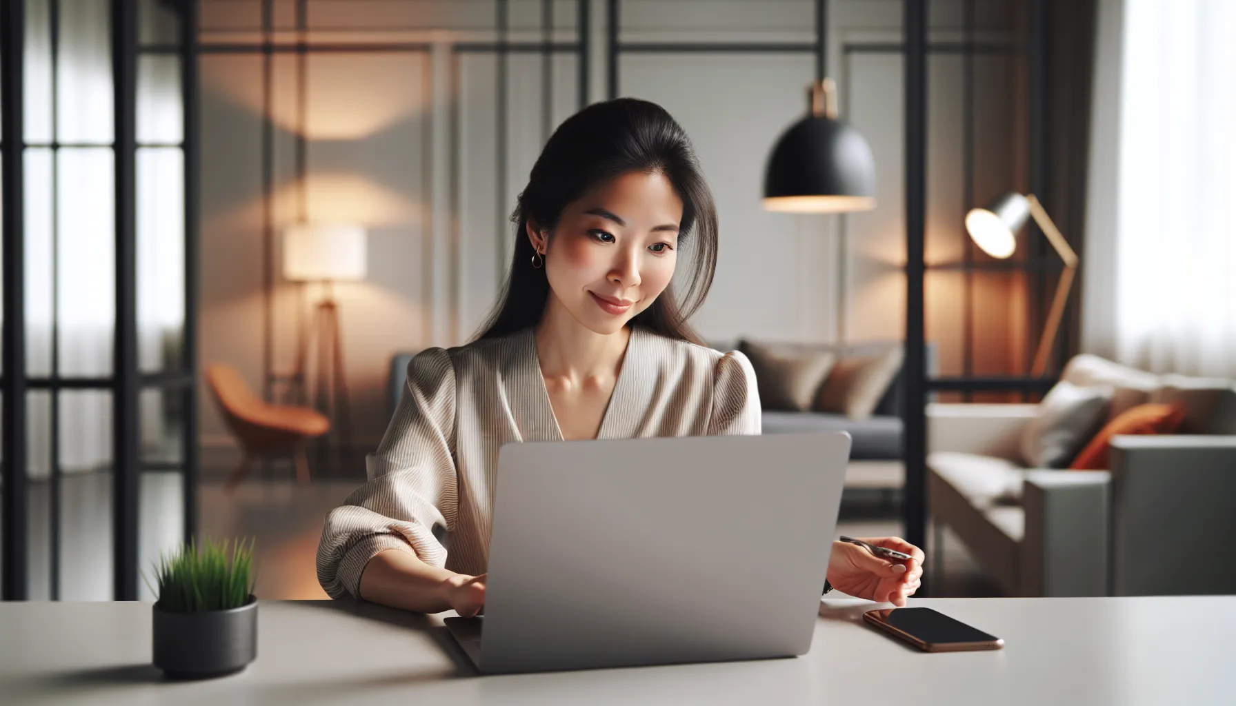 person accessing a website on a laptop in a modern office.