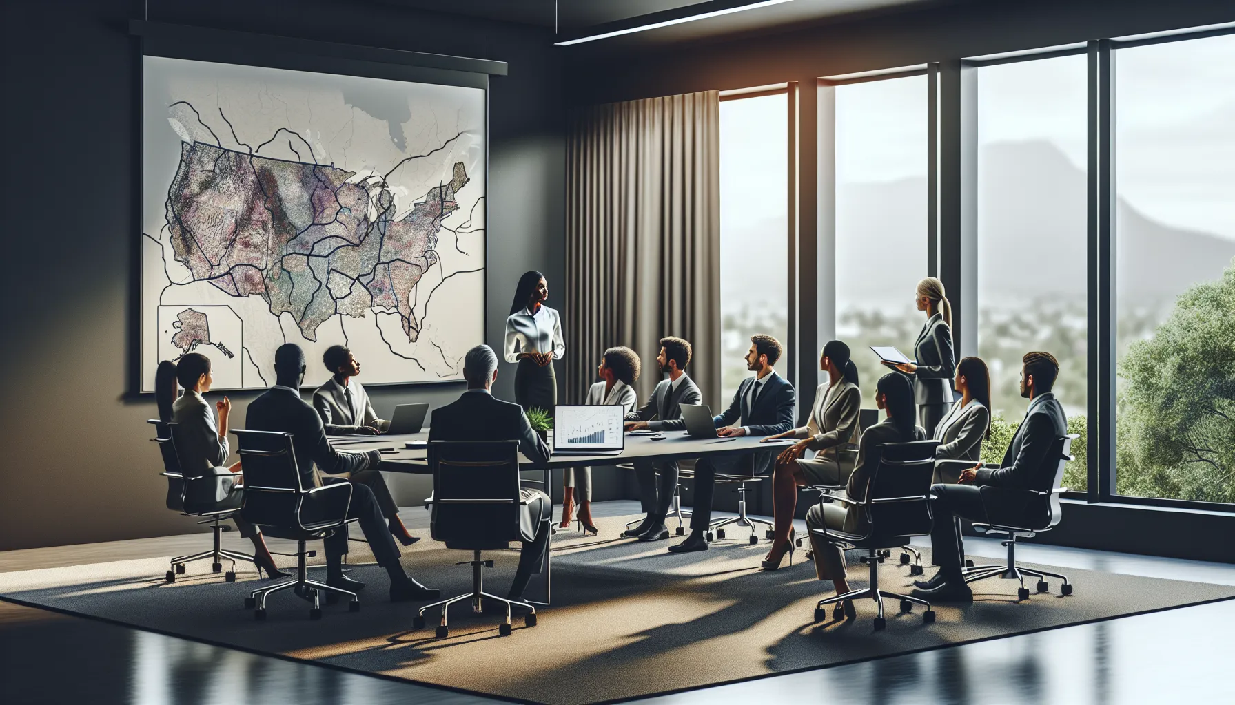 diverse professionals discussing the 719 area code in a modern office.