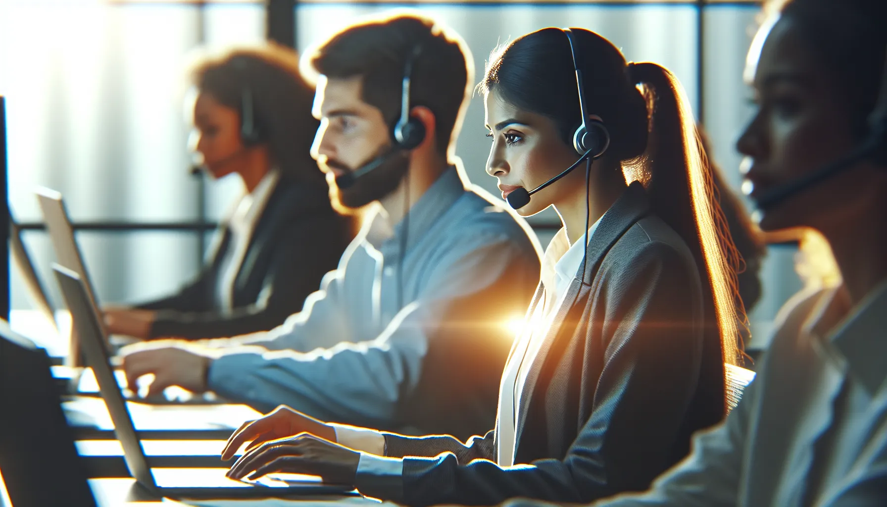diverse team members in a modern call center environment.