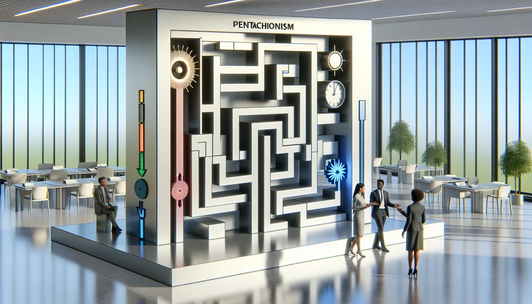 professionals exploring a labyrinth representing five dimensions of time.