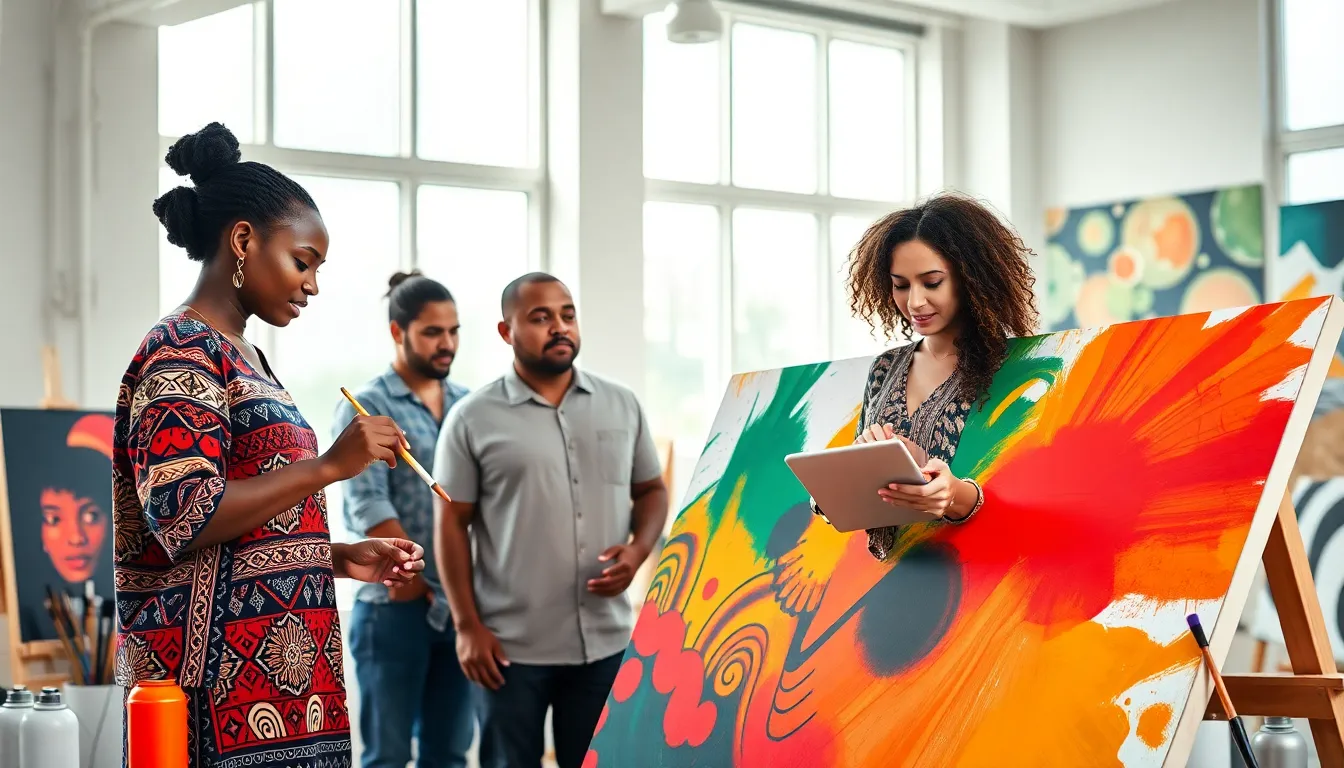Artists collaborating in a bright, modern studio.