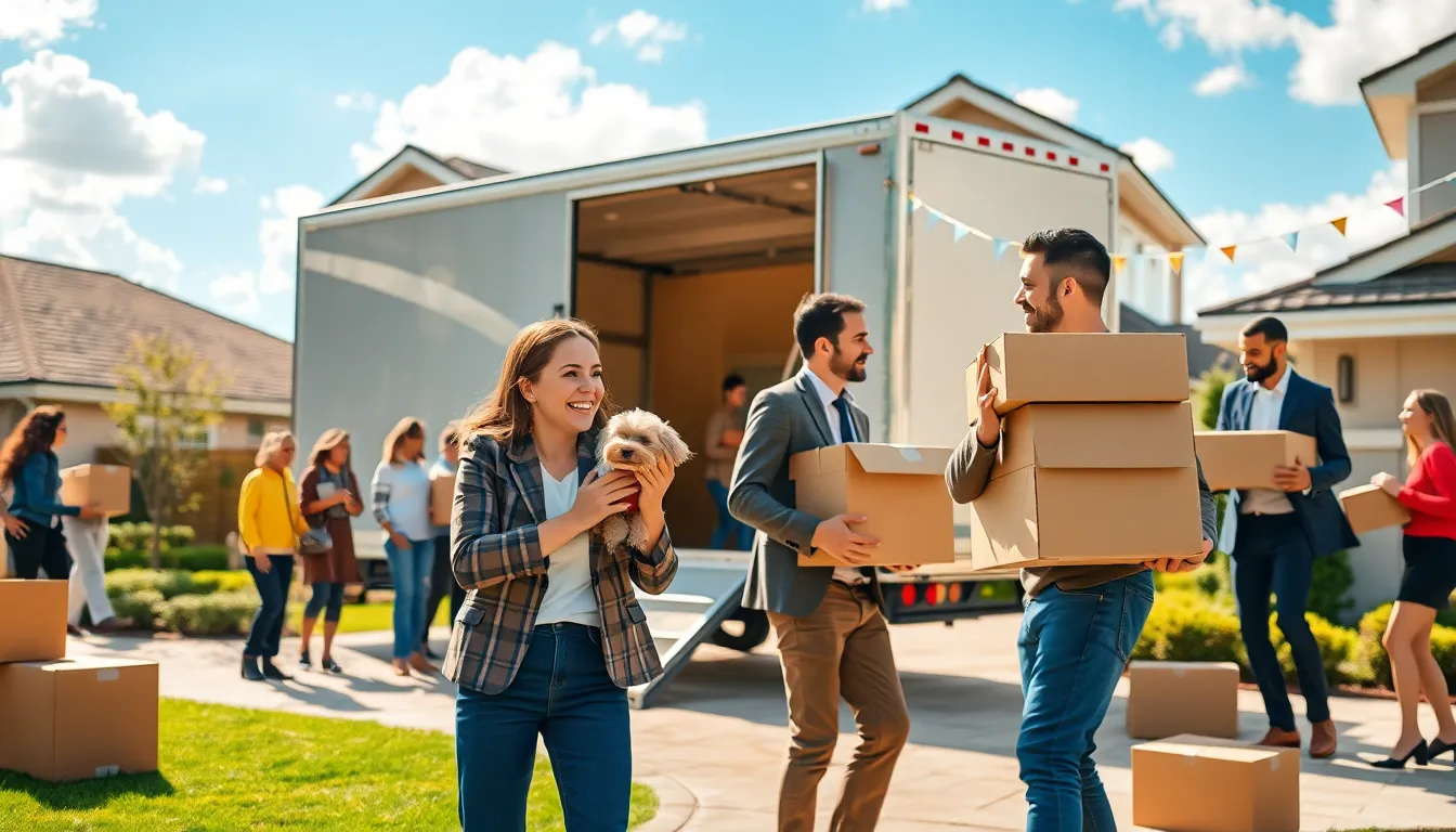 diverse group enjoying a busy moving day outside a suburban home.
