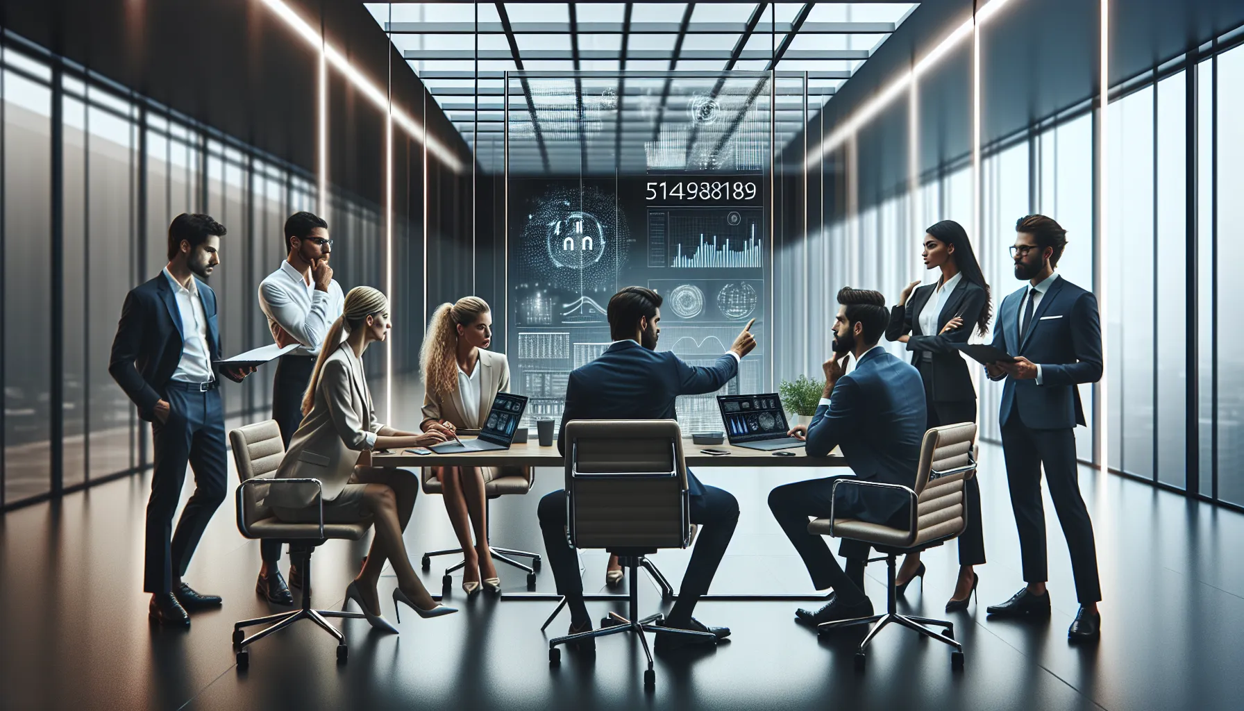 diverse professionals discussing numbers in a modern office.