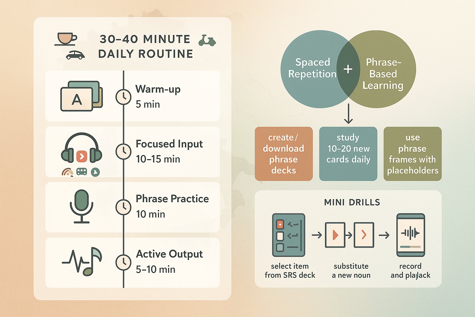 Infografica di una routine quotidiana di apprendimento italiano di 30-40 minuti e suggerimenti per la ripetizione spaziata.
