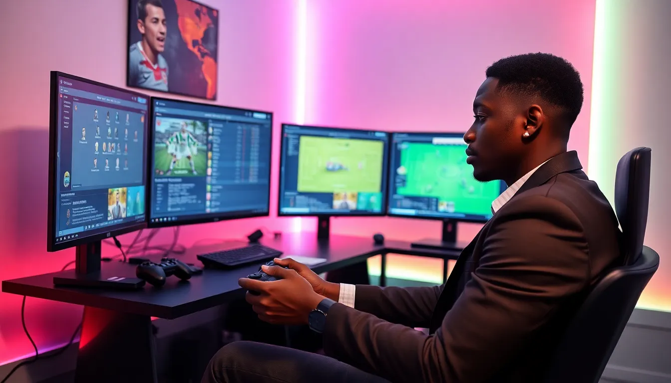 gamer immersed in Football Manager 2018 in a modern setup.