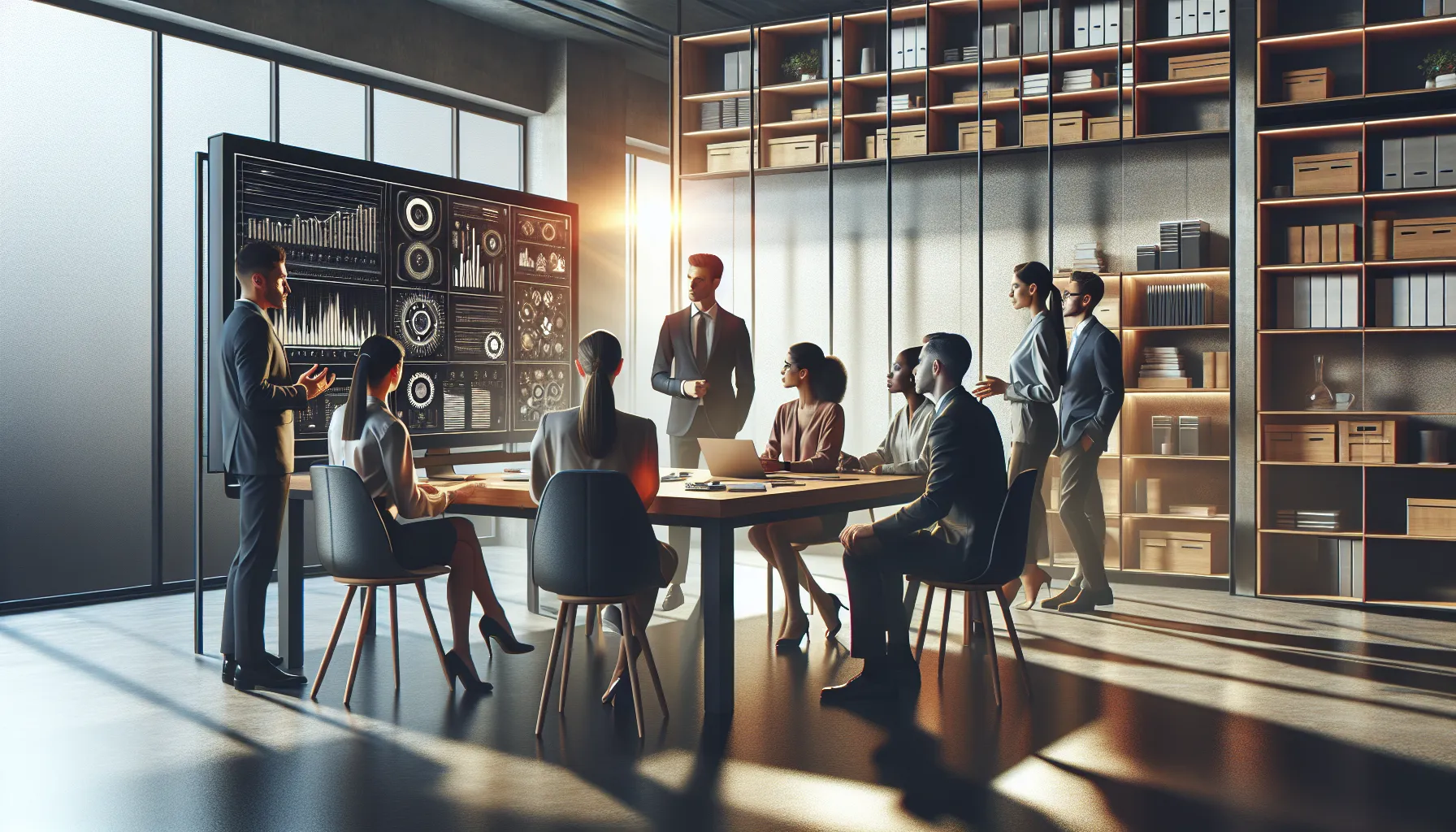 diverse team analyzing data in a modern office setting.