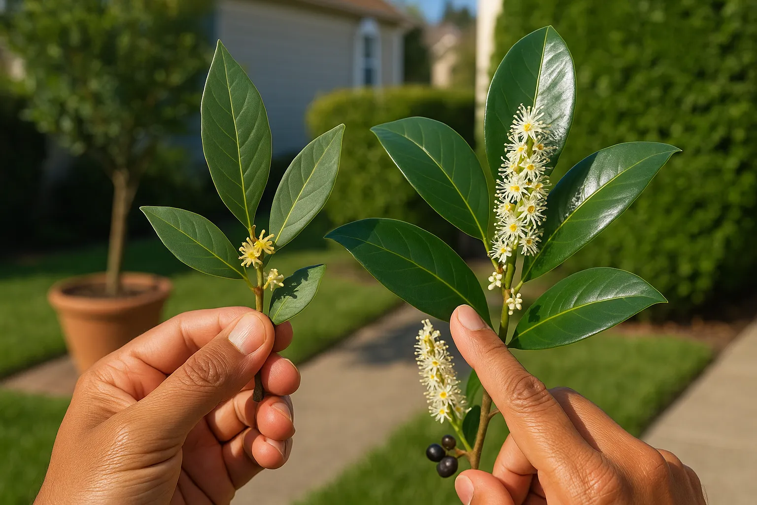 Hands comparing bay laurel and cherry laurel leaves in a sunlit garden.