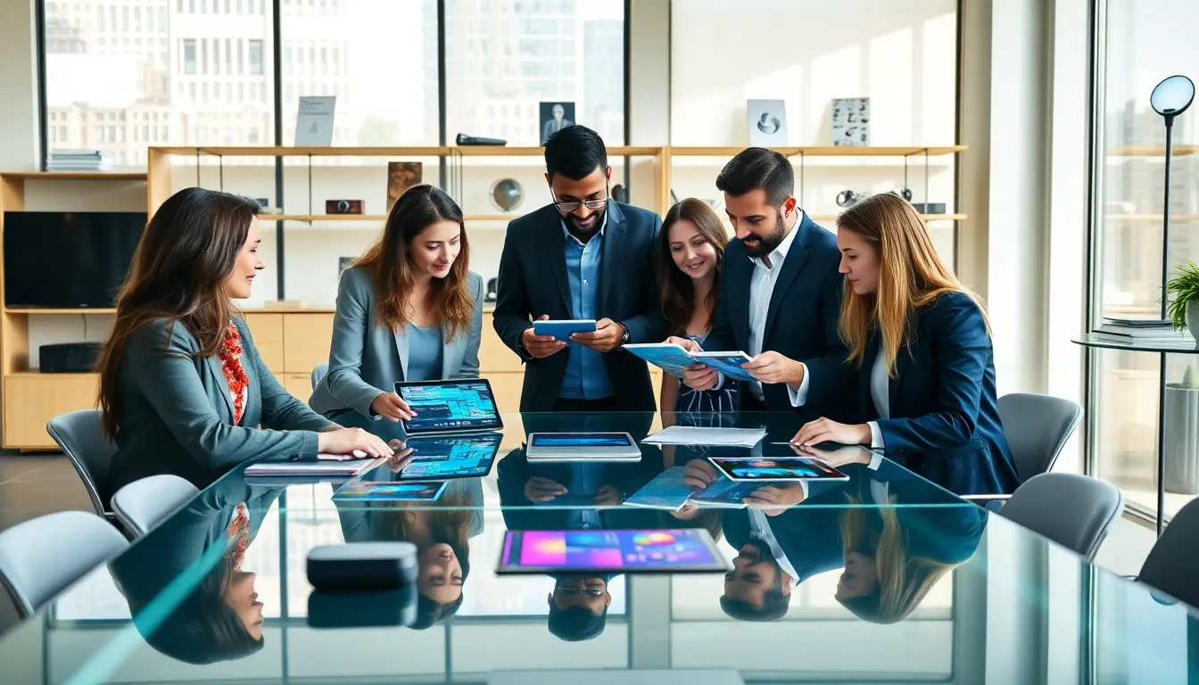 diverse team collaborating in a modern tech-focused office.