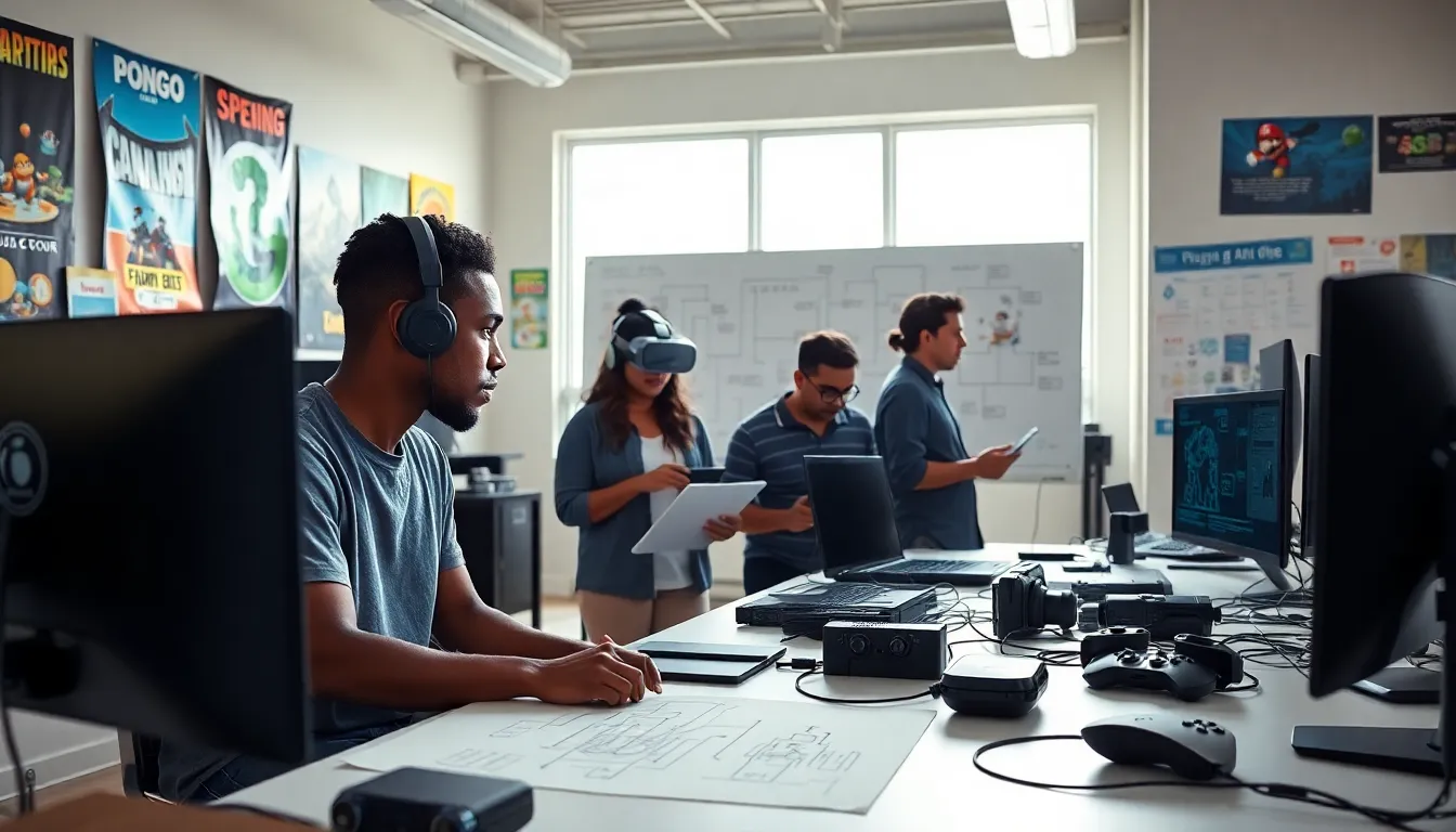 a diverse team of game developers collaborating in a modern studio.