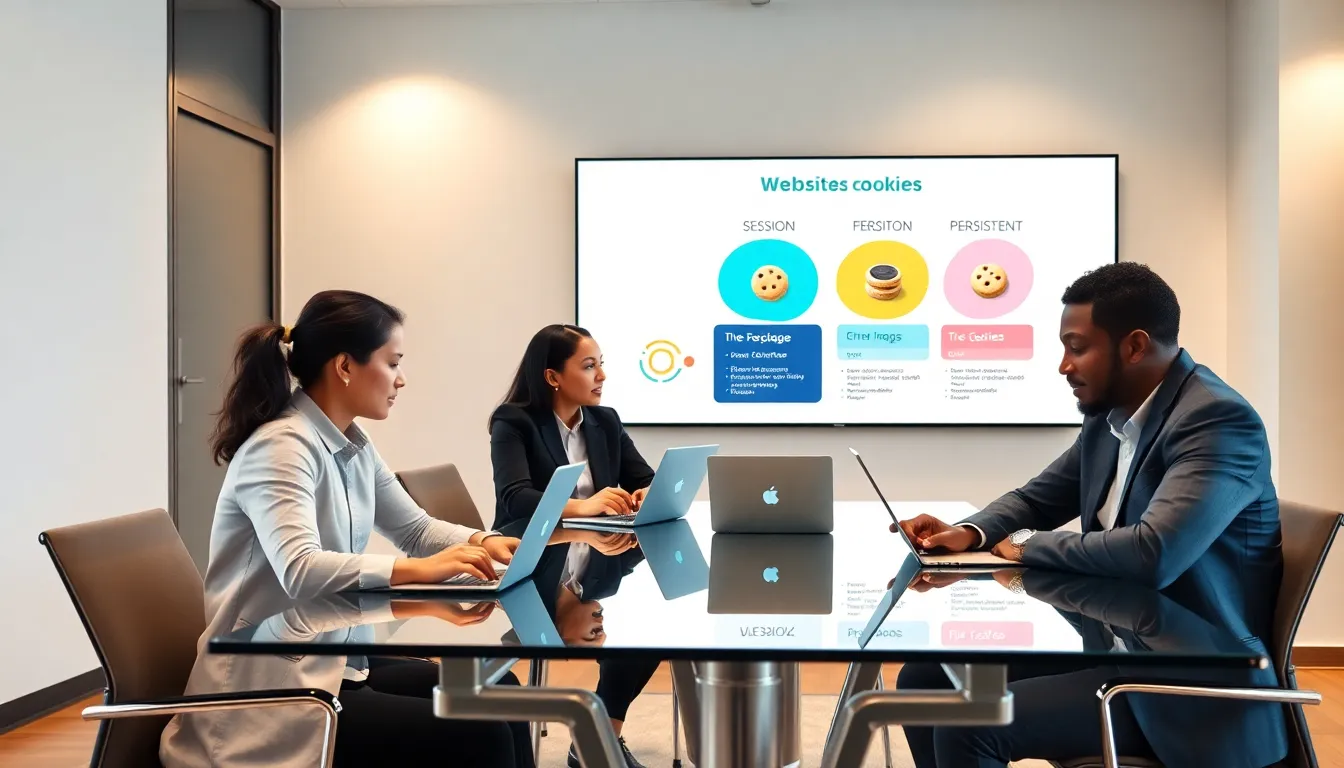 professionals discussing website cookies in a modern office setting.