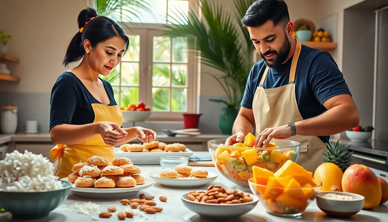 diverse bakers creating tropical cookies in a sunny kitchen.
