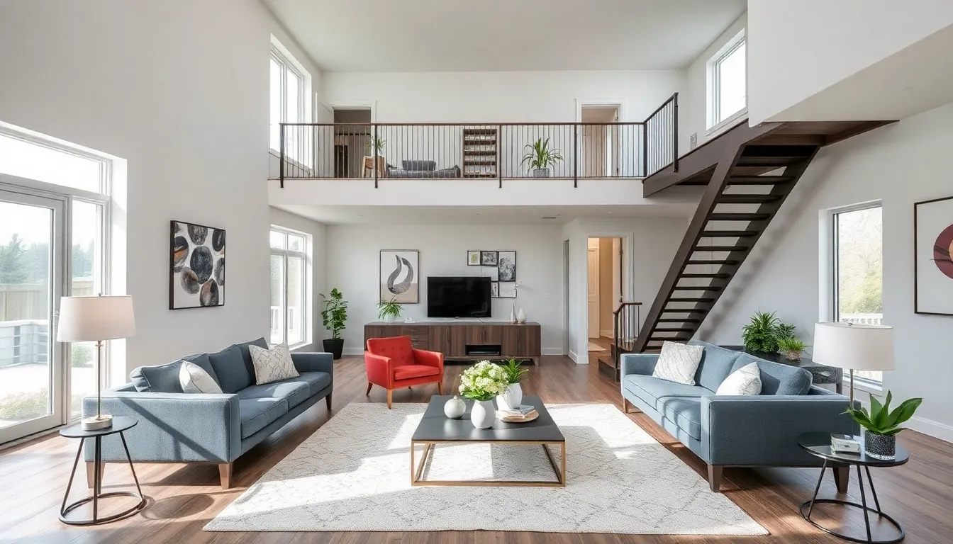 modern split level home interior with distinct living zones.