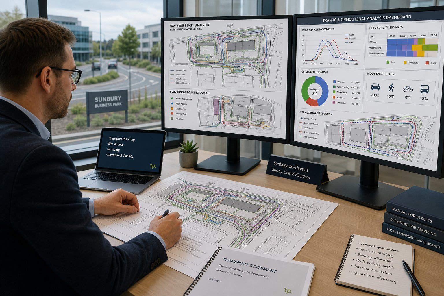 Traffic engineer reviewing commercial site access and HGV servicing plans.