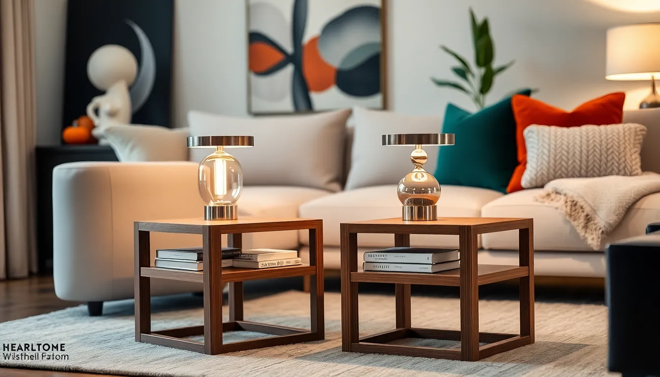 modern living room with stylish end tables and cozy decor.