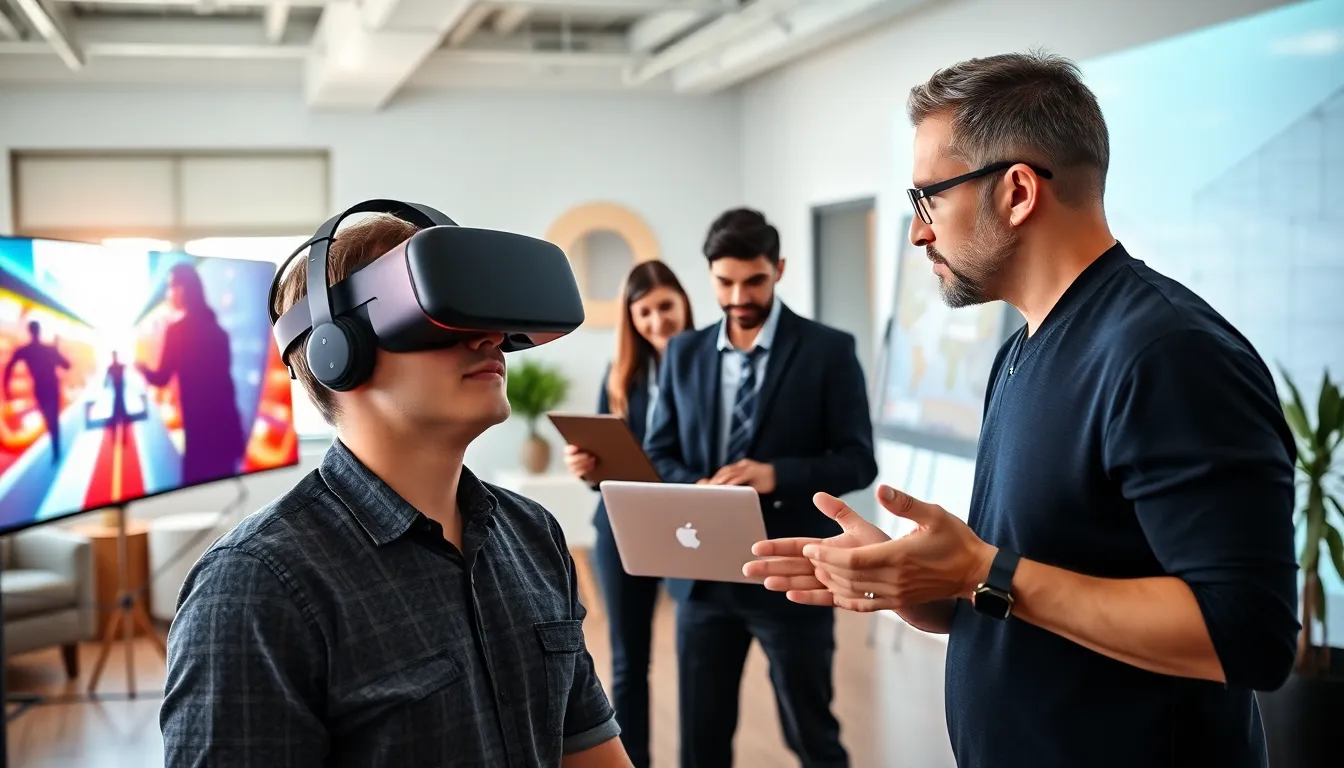 Professionals collaborating on virtual reality app development in a modern office.