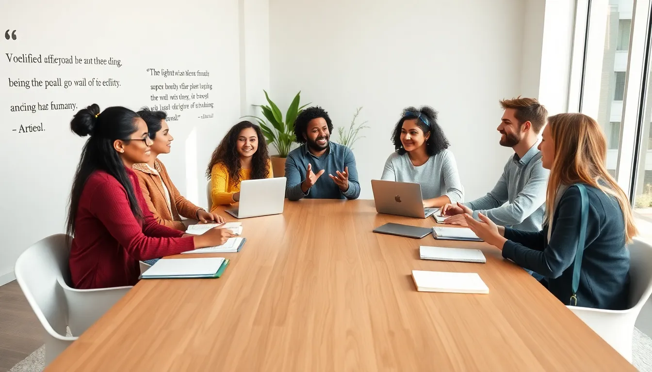diverse students discussing the concept of μαιλααδε in a modern classroom.