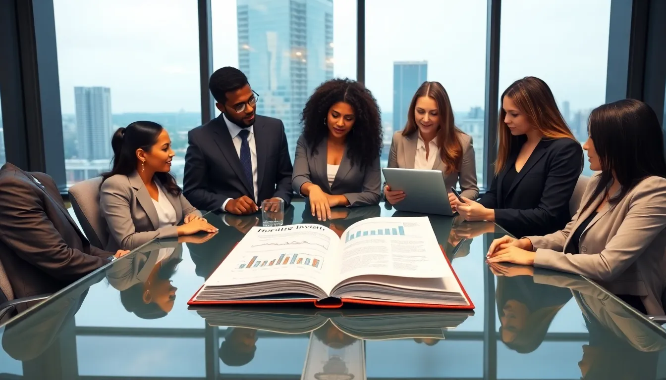 diverse team discussing real estate investing in a modern conference room.