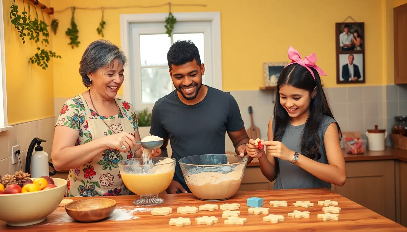 a diverse group baking cookies in a warm, cozy kitchen.