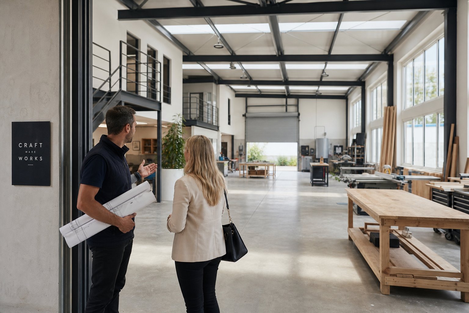 Business owner and mortgage advisor discussing plans inside a light industrial unit.