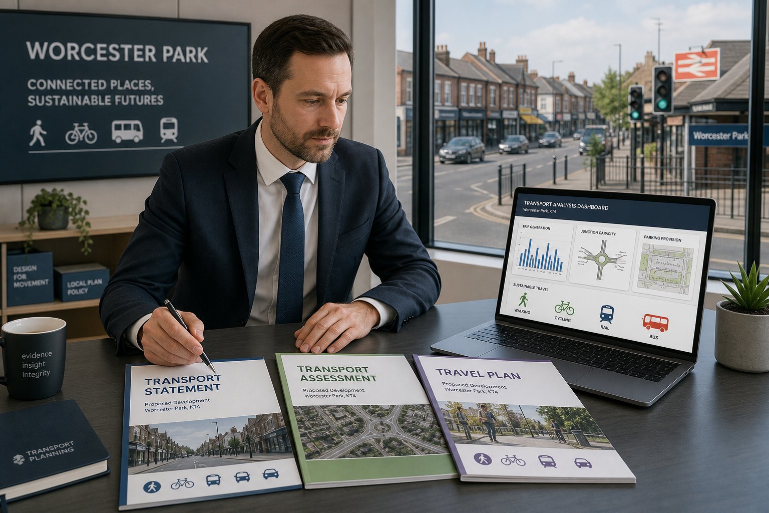 Traffic engineer reviewing transport reports and travel planning data in a modern office.