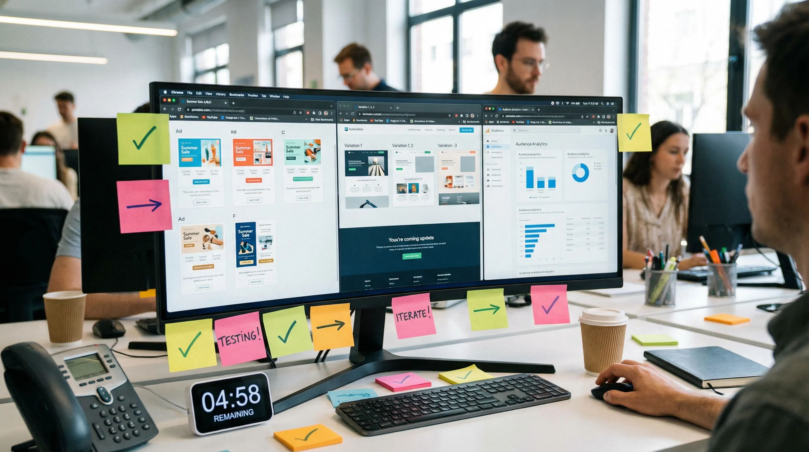 Marketer at a wide monitor reviewing multiple ad and landing page test variations in a modern office, representing fast PPC testing and optimization.
