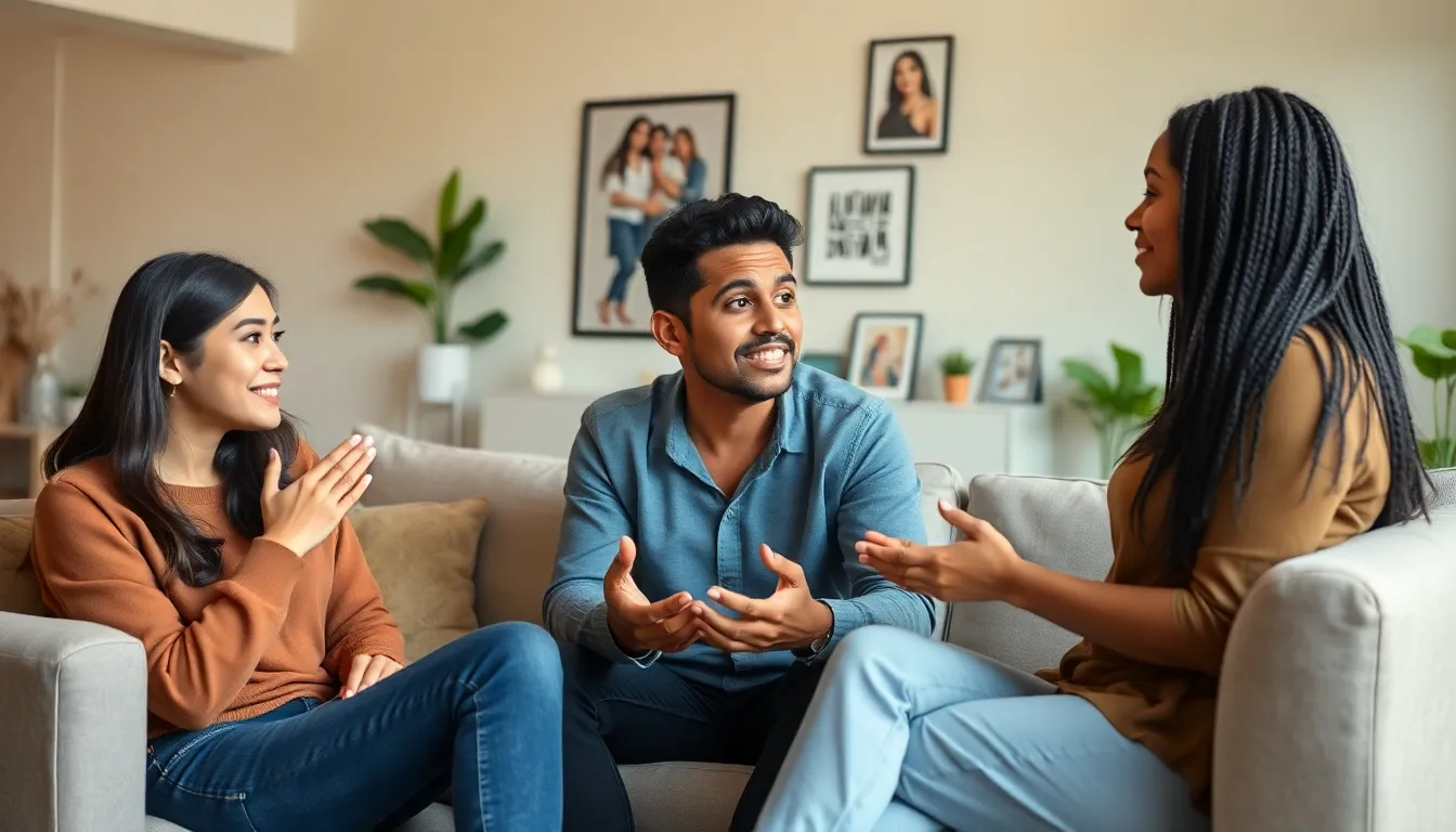 friends discussing relationship challenges in a cozy living room.