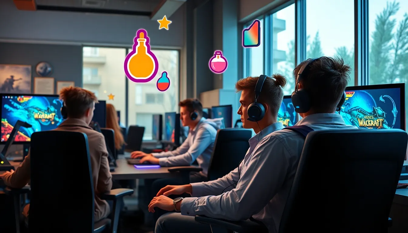 diverse gamers in a modern office, focused on playing Classic WoW.