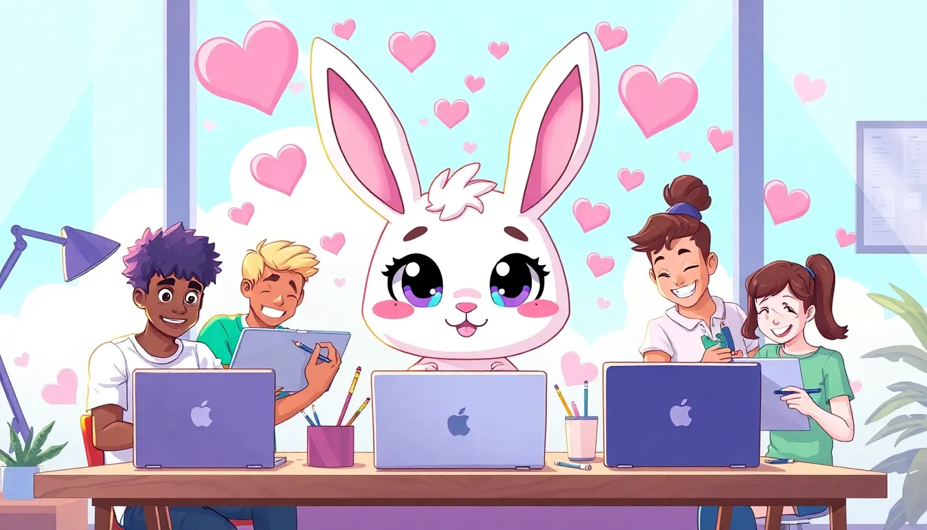 Bunn1ethebunny surrounded by diverse artists creating fan art.