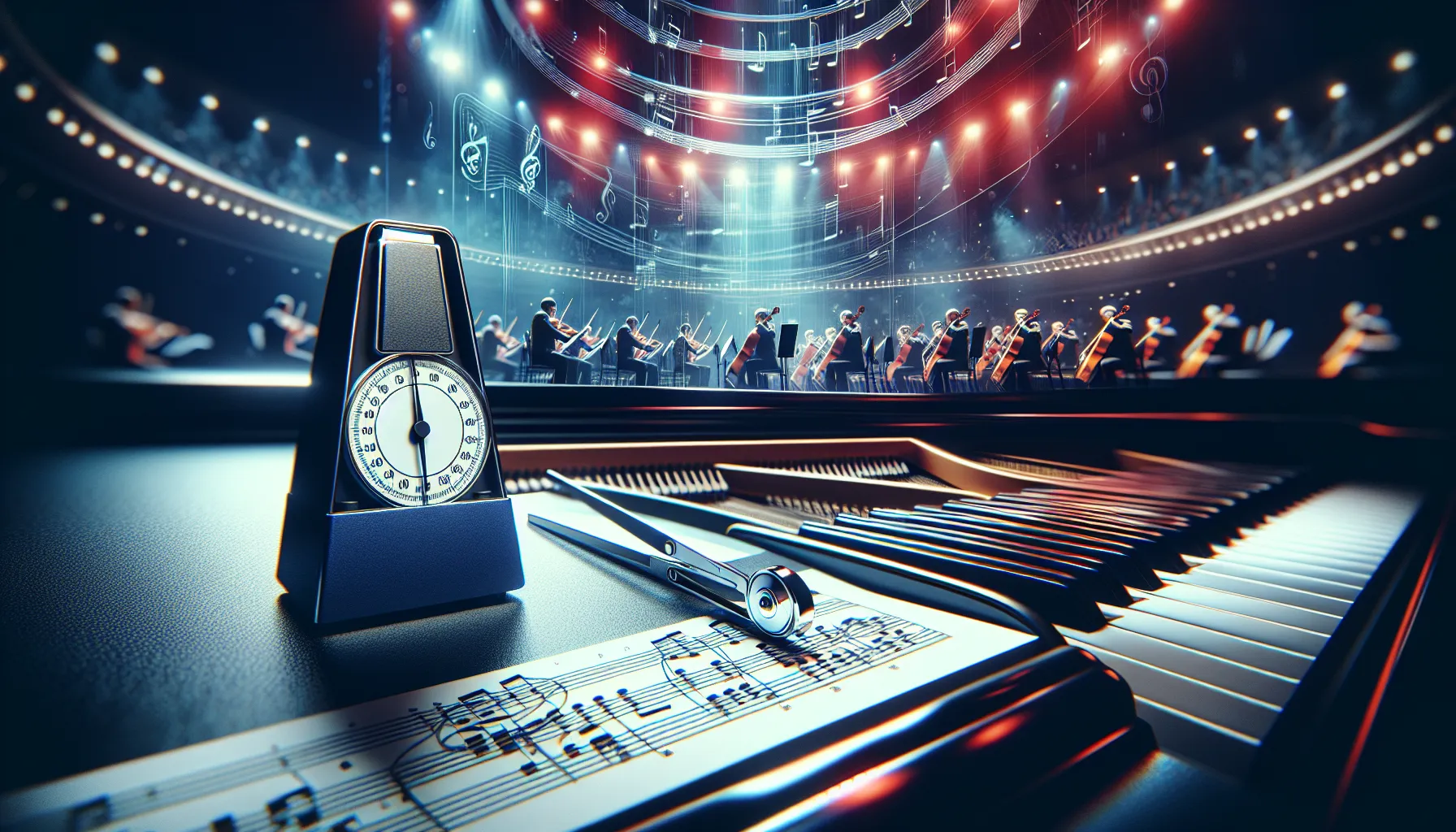 A metronome and sheet music on a piano representing tempo and rhythm in music.