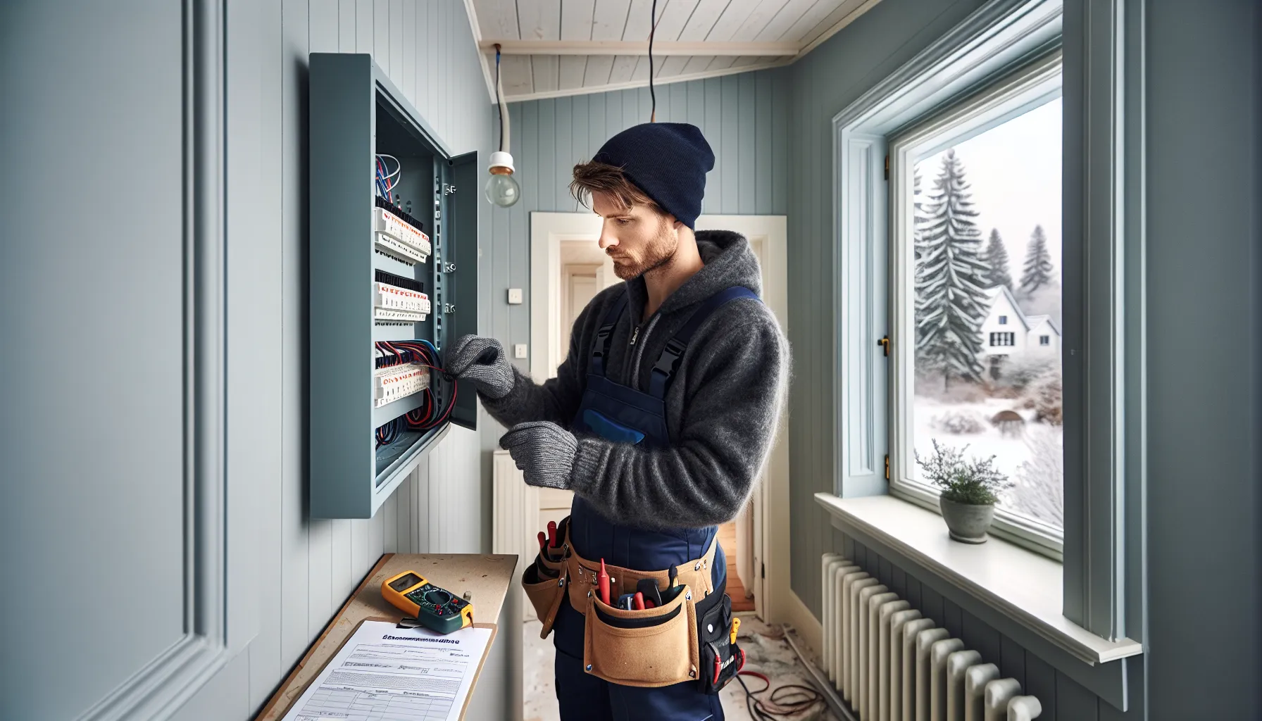 Licensed electrician tests a circuit in a norwegian renovation with permits visible.