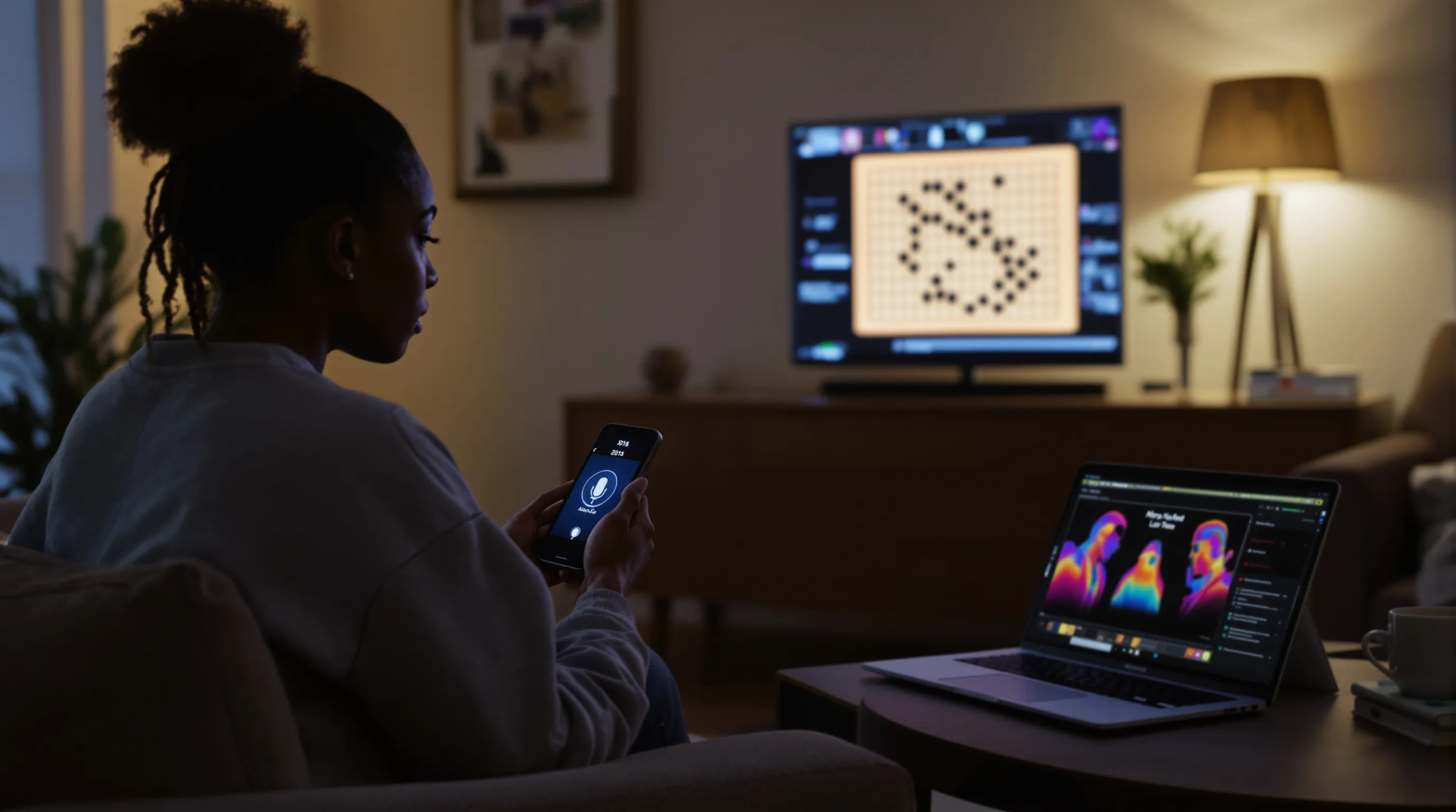 Woman uses Siri as AlphaGo match and deep learning visuals glow behind.