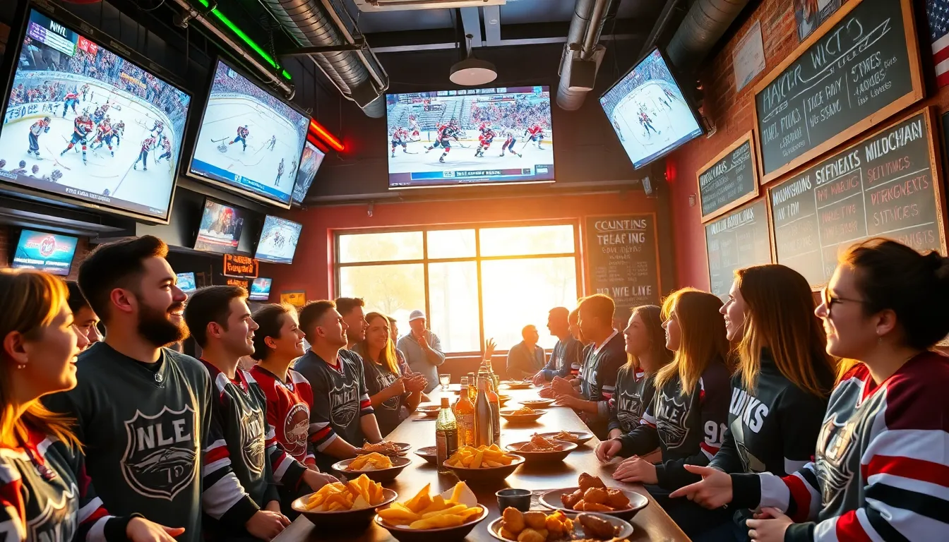 Hockey fans gathered in a sports bar watching live games on large screens.