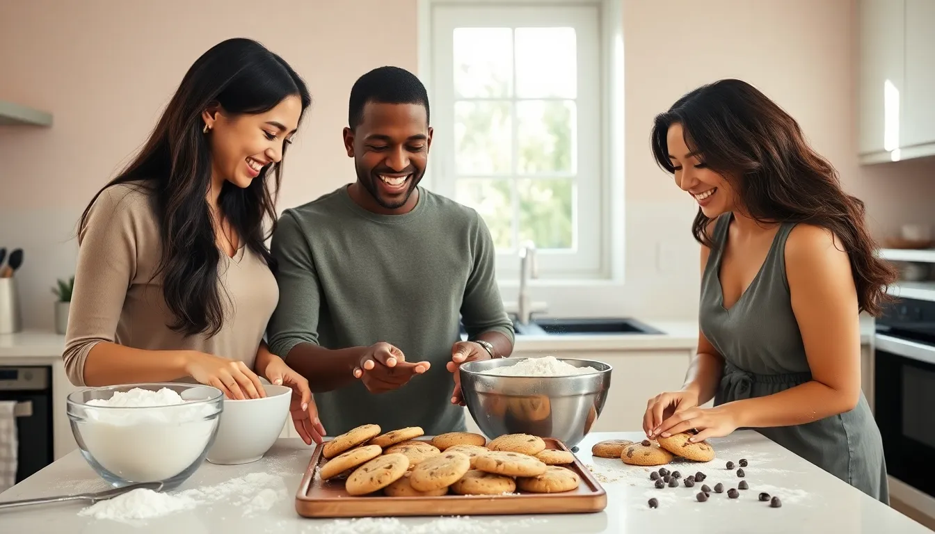 diverse group happily baking cookies in a bright kitchen.