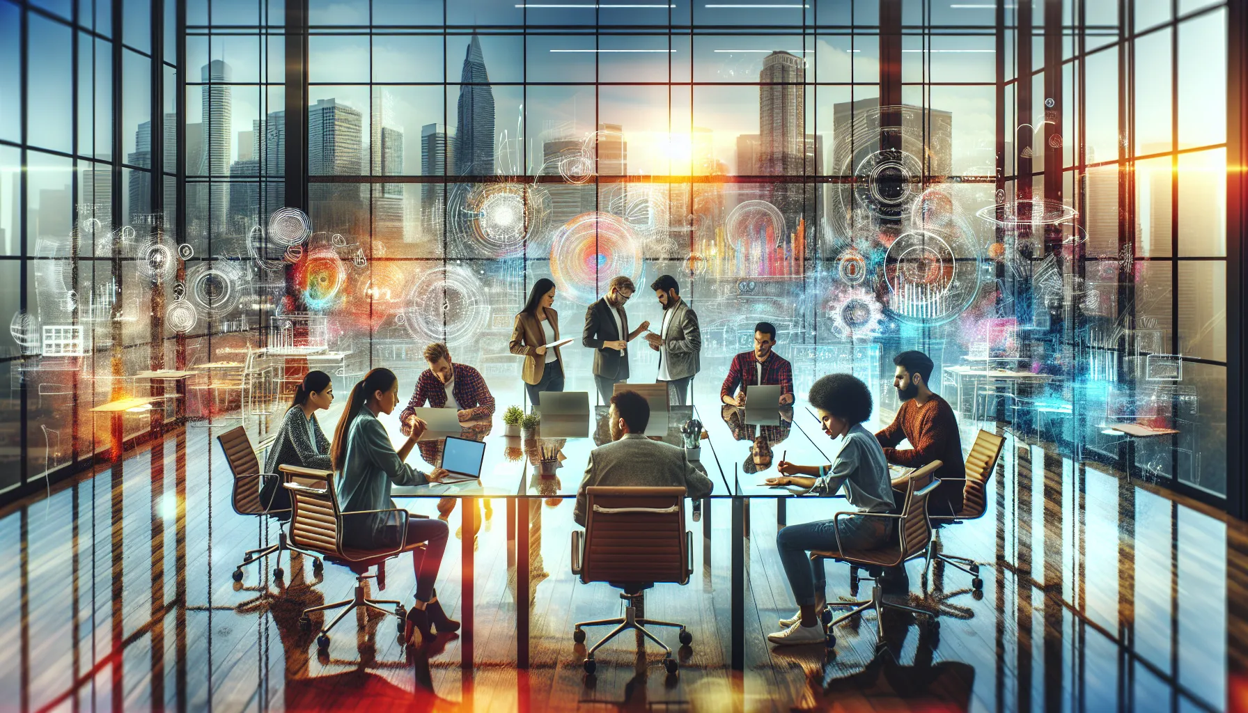 diverse creators collaborating in a bright modern workspace.