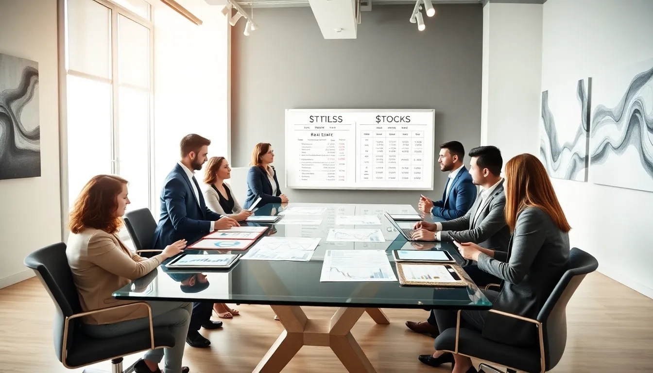 team discussing real estate and stock investment strategies in a modern office.