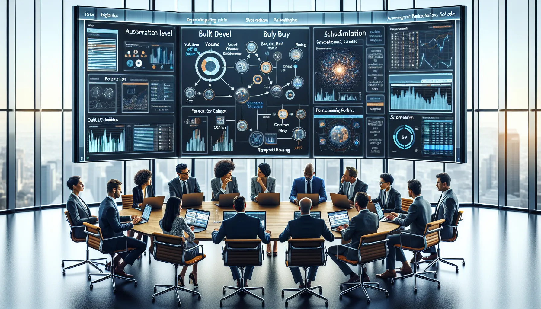Analytics team reviewing Tableau report automation levels on dashboards in a modern office.