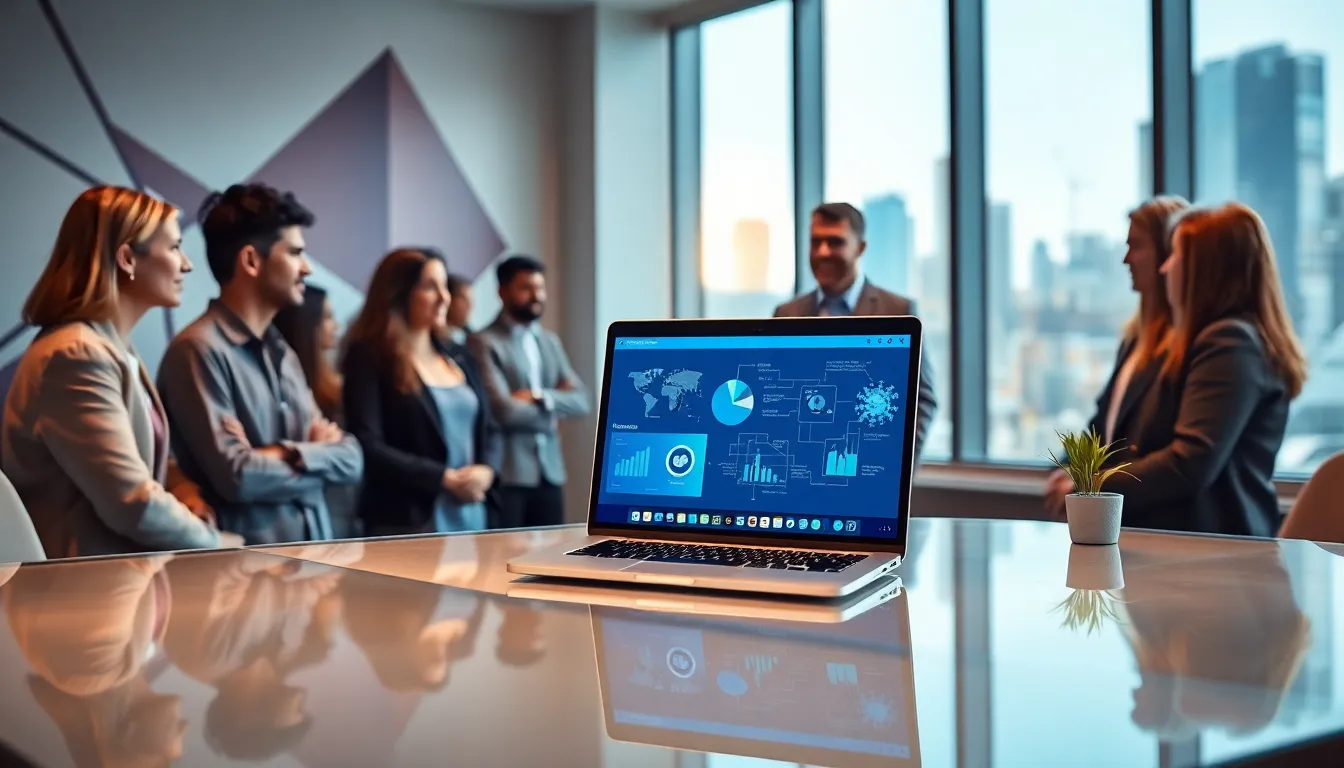 diverse team collaborating in a modern office with productivity software open.